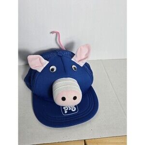 PIG Trucker Hat Snapback Cap Blue Pig Snout Nose Ears Googly Eyes Funny Joke